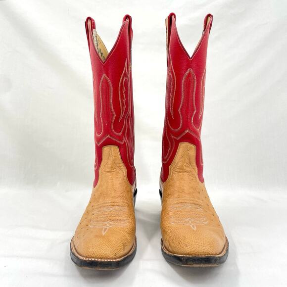 Rios of Mercedes Red Western Ostrich Orange Leather Square Toe Cowboy Boots 7B - Picture 6 of 16